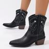 Botines Cortos Vaqueros de Moda para Mujer, Estilo Retro Europeo y Americano, Bordados, Punta Puntiaguda, Tacón Grueso, Talla Grande, sin Cordones, Tacón Grueso, Borlas, Cuero