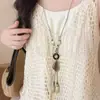 Colar Pingente Longo de Corda Trançada Cerâmica Borboleta Estilo Étnico Exótico para Mulheres Acessórios de Corrente para Suéter Estilo Boêmio Retrô