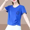2026 Nova Camiseta de Manga Curta Estilo Comércio Exterior para Mães, Plus Size Solta, Emagrecedora, Cobre a Barriga, Blusa Estampada de Meia-Manga