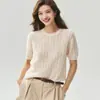 Suéter Feminino Loose Gola Redonda Tricô Trançado Estilo Coreano Manga Curta Campari 25% Seda de Amora 75% Caxemira