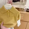 Suéter de Tricô SeteMeninas 26 Outono Novo Estilo Coreano Gola Lapela Manga Curta Salted Lemon e Calça Xadrez Versátil