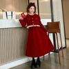 Conjunto saia estilo Chanel para menina outono e inverno crianças médias e grandes espessado moderno moderno vermelho Roupas de Ano Novo Roupas de Ano Novo
