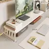 Soporte para computadora de escritorio para oficina en casa, con un elevador de monitor de doble capa y estantes de almacenamiento