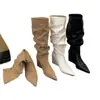 Botas plisadas apiladas de cuero suave con tacón de cuña de 7 cm, botas largas adelgazantes de punta para mujer, botas de vaquero occidentales, botas de montar