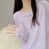Blusa de Tricô Japonesa e Coreana de Manga Longa com Proteção Solar para Mulheres, Camisa Base Solta de Seda Gelada de Verão, Top Fino Transparente para Usar por Cima