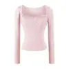 Camiseta de manga larga con ribete de encaje estilo coreano para mujer, diseño de principios de otoño, nicho, corte ajustado, favorecedora, camiseta básica pura y seductora