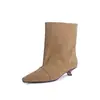 Botines de Piel de Vaca Tacón Gato Caña Ancha para Mujer Botas Individuales Otoño Invierno Nuevas Punta Cuadrada Tacón de Aguja Sin Cordones Botas de Moda Botines de Piel Genuina para Mujer