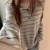 Camiseta de Manga Larga con Hombro Descubierto, Estilo Retro Americano Perezoso, para Mujer, en Primavera y Otoño, Top Versátil Nuevo de Rayas Sueltas