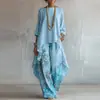 Marca Independente Moda Feminina Europeia e Americana 2026 Estampa Digital Calça Wide Leg + Blusa de Manga Longa Gola Redonda Cor Lisa Conjunto de Duas Peças
