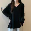 Nuevo Top Camiseta de Manga Larga con Cuello en V de Color Sólido, Holgado, Adelgazante, Estilo Casual Simple, Camiseta Base para Otoño