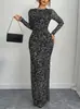 Vestido Elegante com Estampa de Leopardo Slim Transparente de Manga Longa Europeu e Americano Sexy Ajustado na Cintura para Mulheres - Spot Bk021801