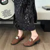Mocasines de Deslizamiento con Cierre Talla Grande para Mujer 2025 Estilo Británico Punta Redonda Ante Piel Pequeña Zapatos de Tacón Alto Son Ligeros y Cómodos