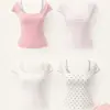 9121 # Top corto cuadrado único y exquisito de dos piezas simuladas con copas incorporadas y mangas acampanadas pequeñas para mujer