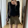 Shorts de mezclilla vintage color caqui para mujer, delgados de verano, de cintura alta, holgados, adelgazantes, elásticos, de línea A, hot pants para cuerpo con forma de pera