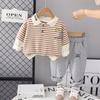 2024 Nova Camisa Polo Infantil de Outono 1-5 Bebê Menino Listrada Lapela Desenho Animado Manga Longa Conjunto Infantil de Duas Peças