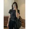 Camiseta de Manga Corta Regular con Volantes, Patchwork y Tie-Dye para Mujer, Verano, Ligeramente Gordita, Elegante, Favorecedora, Cintura Ceñida, Top Irregular