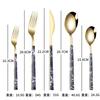Juego de cinco piezas de cubiertos de acero inoxidable con imitación de grano de madera estilo coreano dorado, juego de cubiertos, cuchillo para carne, tenedor, cuchara, cuchara para café