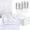 Juego de 176 piezas de plato cuadrado con borde dorado, cuchillo, tenedor, cuchara, copa de vino, plato desechable plateado, servilleta, mantel de papel sin polvo para fiesta