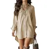 2026 Transfronterizo Amazon Europeo y Americano Algodón Lino Vestido de Manga Larga Camisa de Botones Vestido Delgado Abertura Casual Ajuste Holgado