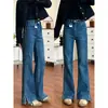 Pantalones de pierna ancha azul con abertura para chica gordita talla grande 2025 para mujer, primavera y verano, holgados, adelgazantes, elásticos, sin costura en la pierna, acampanados