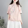 Nuevo Top de Algodón con Hebilla Retro Artístico para Mujer Ropa Zen para el Té Manga Corta Estilo Chino Bordado Camisa Artística