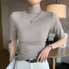 Cuello medio alto, manga tres cuartos, camiseta popular de manga corta para transmisión en vivo, nuevo top para mujer, camiseta base con protección solar y contra quemaduras solares