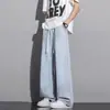 Calça Jeans Masculina Verão 2026 Nova Estilo Hong Kong Retrô Drapeado Lavada Solta Reta Perna Larga Casual