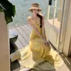 Vestido de Malla de Encaje Amarillo Estilo Francés para Mujer, Verano Elegante Estilo Resort Costero, Vestido Largo que Ceñe la Cintura