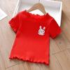 Camiseta de Manga Corta para Niños de Seda de Hielo Bordada Nueva, Conjunto de Verano con Borde Volante, Camiseta Básica para Niñitas, Top Lindo y Elegante