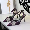 8381-AH159 Sandálias de salto alto stiletto bico fino com strass e laço estampa de leopardo estilo europeu e americano sexy para festa para mulheres