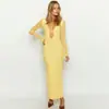 Vestido Largo Elegante Nuevo para Mujer con Escote en V Profundo, Mangas Largas con Cordones y Diseño Hueco 2025 Malla Primavera Verano