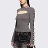 Moda Elegante Nueva de Otoño e Invierno Transfronteriza Europea y Americana Color Sólido Puro Cuello Redondo Aro de Acero Hueco Camiseta de Manga Larga para Mujer Aliexpress Cintura