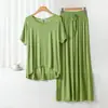 Conjunto de Pijama Casual Duas Peças Feminino de Modal com Gola Redonda e Manga Curta com Calça de Perna Larga Roupas de Casa Tamanho Plus Size Solto