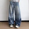 Jeans rectos de estilo americano de calle con textura desgastada para hombre, jeans de pierna ancha holgados y versátiles de moda vintage para primavera y otoño