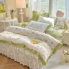 Juego de Falda de Cama Estilo Princesa Coreana de Cuatro Piezas Sábana 100% Algodón Puro Funda Nórdica Juego de Tres Piezas para Dormitorio Ropa de Cama 4
