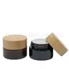 Pote de creme marrom com tampa de imitação de madeira, pote de creme com visor de vidro, pote de creme para olhos marrom à prova de luz, frasco dispensador de amostra cosmética portátil