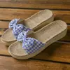 Zapatillas de Lino con Lazo de Tacón Alto para Mujer, Verano, Hogar, Interior, Suela Gruesa, Transpirables, Zapatillas de Cuña para Uso Exterior