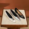 Zapatos de Tacón Medio Punta Francesa Temperamento de Diosa Hebilla de Letra X Zapatos de Tacón Grueso Zapatos Negros de Trabajo