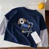 Camiseta de Manga Larga Falsa de Dos Piezas para Niños Estilo Primavera/Otoño 2026 Algodón Puro Unisex Bebé Estilo Coreano Patchwork Rayas Camiseta Base