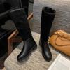 Versión de Piel de Vaca ~ Botas de Pelo Empalmado Estilo Mismo que Dong Jie para Mujer 2025 Otoño e Invierno Nuevas Botas de Jinete Estilo Retro Botas de Media Pantorrilla