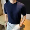 Camiseta masculina de luxo de alta qualidade, slim fit, estilosa, gola redonda, manga curta, com textura vertical vazada respirável, camada base em tricô