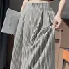 Pantalones de pierna ancha a rayas de algodón, seda de hielo y lino para mujer, estilo fino de verano, cintura alta para petite, adelgazantes, corte recto holgado, pantalones fluidos hasta el suelo