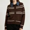Suéter rayado de color bloque artístico versátil vintage, cárdigan de punto de un solo pecho con cuello de solapa de mezclilla, nuevo para otoño e invierno