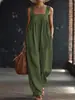 Mono de cuello cuadrado, hombros anchos, tacto de algodón y lino; pantalones de pierna ancha, holgados, que favorecen la figura, con puños elásticos; overol casual con bolsillos