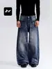 Jeans rectos azul oscuro de estilo retro americano para hombre y mujer, corte holgado, lavados, con un efecto tridimensional de bigotes de gato, dándoles un aspecto vintage y desgastado