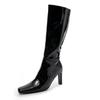 Botas Altas de Cuero Patentado de Vaca Estilo Europeo y Americano Exportación 2025 Elegante Punta Cuadrada Talla Grande Cierre Lateral Tacón Alto Grueso Botas de Moda Elegantes