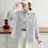 [100% Algodón, Tela Oxford, Lavado a la prenda] Camisa de Manga Larga a Rayas Cortas para Primavera/Otoño, Estilo Coreano, Top Versátil y Adelgazante para Mujer