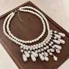 Collar de Borla de Perlas de Doble Capa con Elegancia Exagerada, Cristales Brillantes en Forma de Gota de Agua, Cadena de Clavícula en Capas, Accesorio de Cadena para Suéter Estilo Vintage