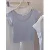 [75% Algodón, 25% Polifibra] Camiseta Azul de Manga Corta con Cuello Redondo Bajo para Mujer, Corte Ajustado, Efecto Adelgazante, Verano 2026