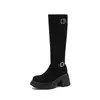 Botas de Cavaleiro Bico Redondo Solado Grosso Salto Bloco 8cm Outono/Inverno Novas Botas Longas de Salto Alto Preto Emagrecedoras Botas de Camurça Meia-panturrilha